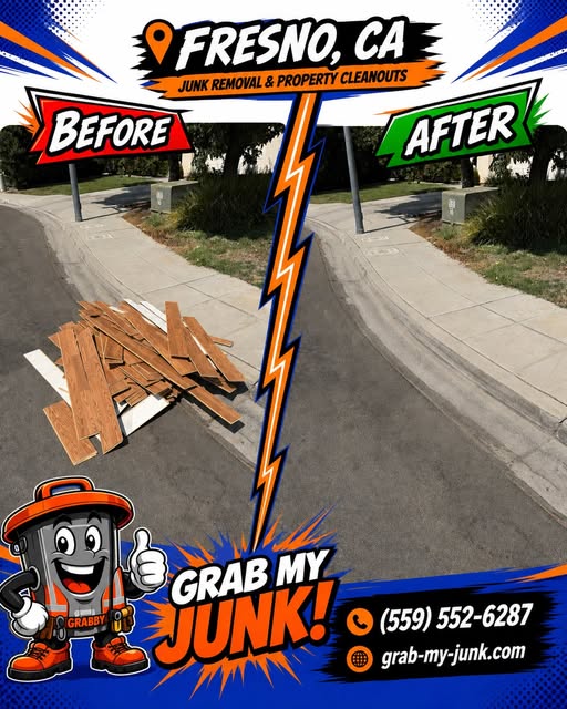 Before and after wood and debris removal completed by Grab My Junk in Fresno