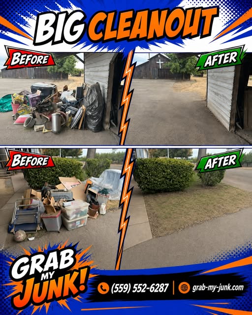Multiple before and after views from a large Central Valley property cleanout by Grab My Junk